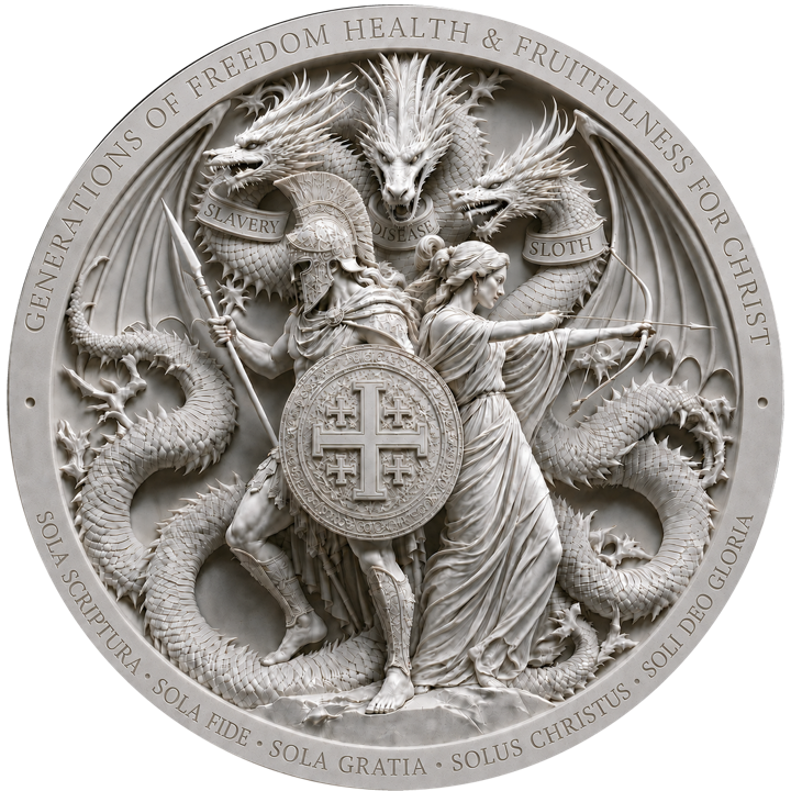 The Patrimony School seal — a man and woman in arms against the dragon of Slavery, Disease, and Sloth, beneath the Jerusalem cross.